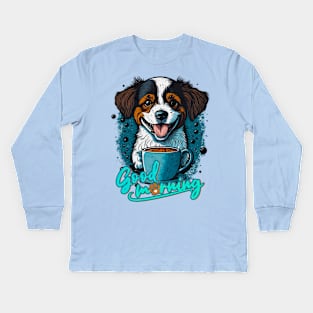 cute puppy waits with the first tea of the day Kids Long Sleeve T-Shirt